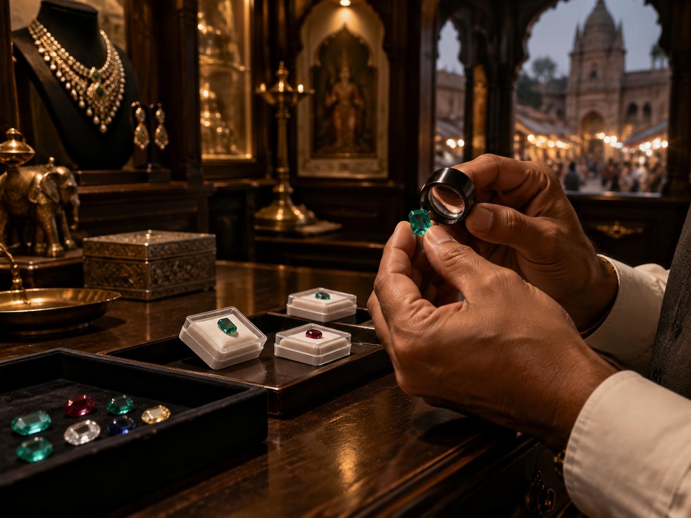 Gemstone specialist examining a certified emerald with a loupe